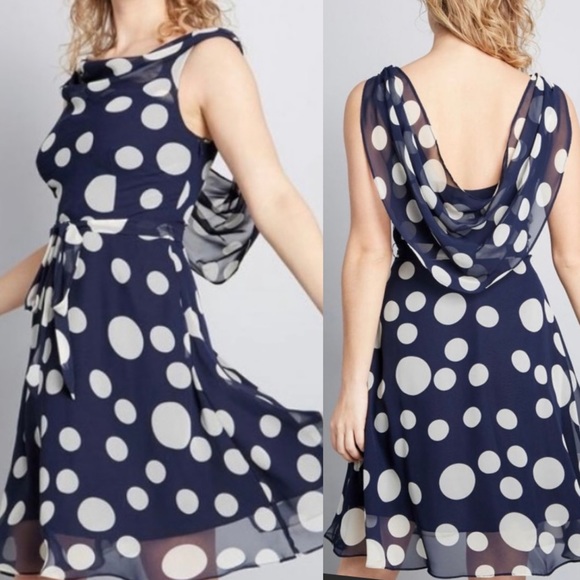 Liza Luxe Blue White polka dot Drape Back MODCLOTH Dress size XXS XX-Small - Picture 5 of 10